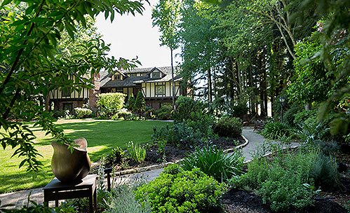 Path leading to cottage surrounded by greenery