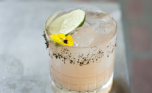 Light pink cocktail with a cucumber and salt on the rim