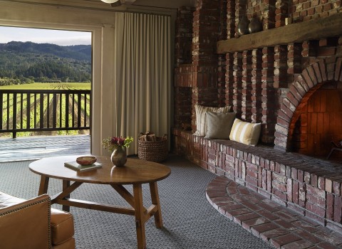  fireplace and view of the balcony overlooking the vineyard in one of the suites