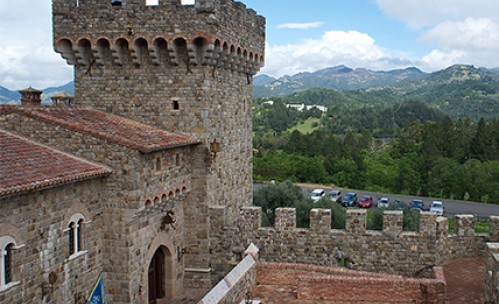 castle overlooking mountains and vineyards