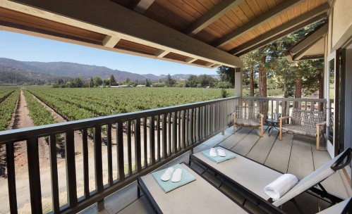 balcony seating with a vineyard view