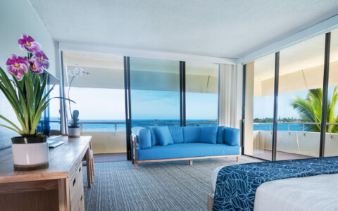 interior of hotel room with ocean front view