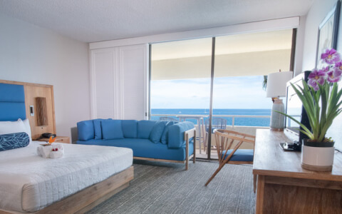 interior of hotel room with ocean front view