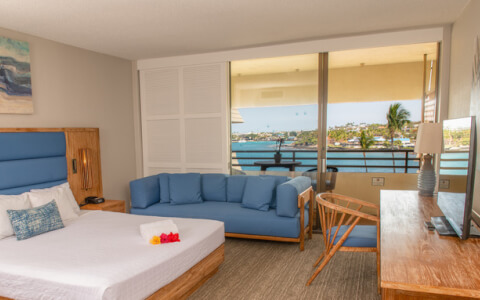 interior of hotel room with ocean view of Kailua-Kona coast