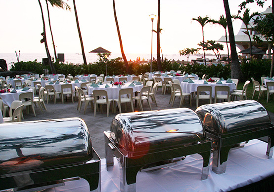 a view of a wedding reception setup with buffet style food