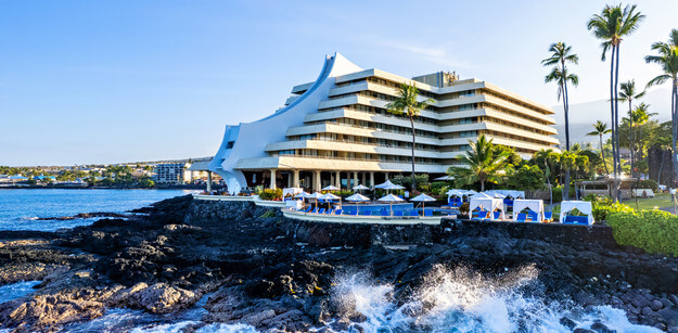exterior shot of resort hotel with ocean front view 