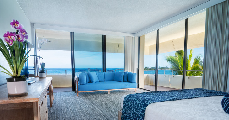 interior of hotel room with ocean front view