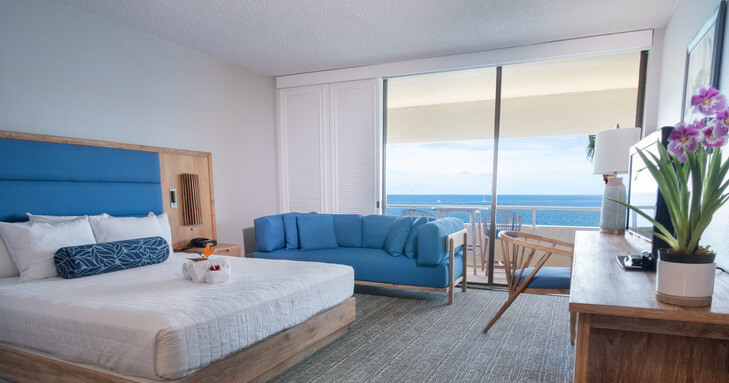 interior of hotel room with ocean front view