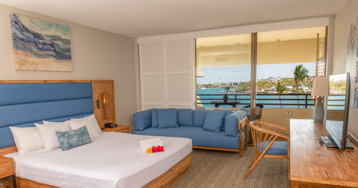 interior of hotel room with ocean view of Kailua-Kona coast