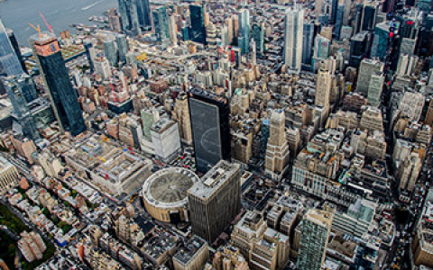 aerial view of New York city buildings around madison square garden
