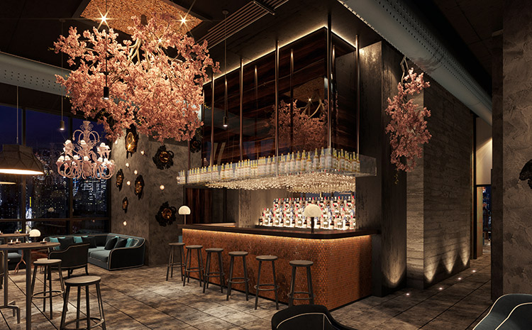 bar area with hanging shelves and large pink floral light fixtures and decor