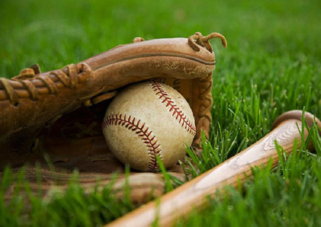 baseball mit with ball and bat
