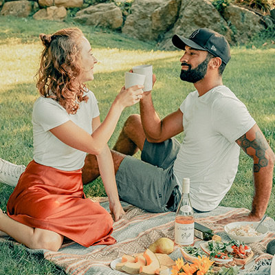 a couple having a picnic and clinking their drinks