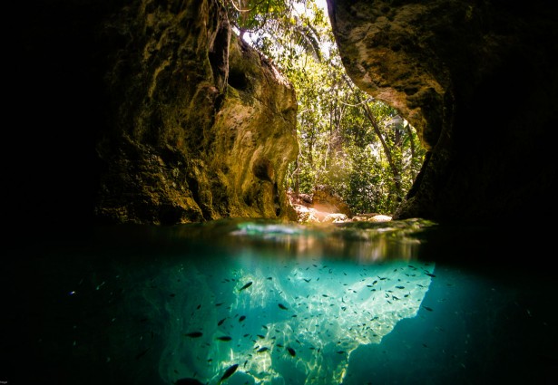 interior view of a cave and water