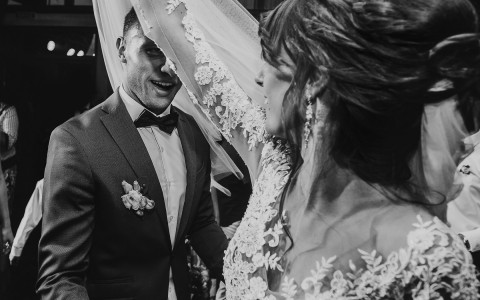 black and white image of a bride and groom