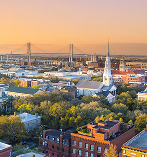 aerial shot of downtown savannah