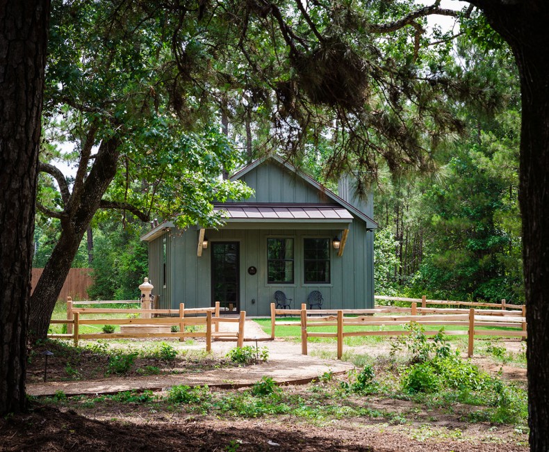 exterior view of the green cabin