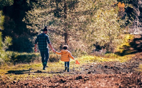 dad and son walking through woodsy area 
