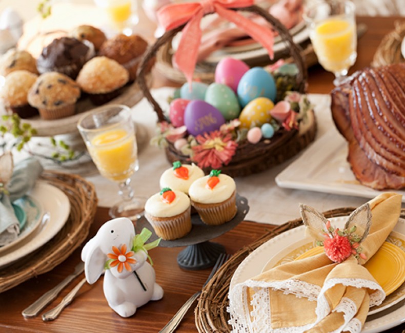 table decorated for easter breakfast