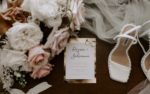 flat lay of the brides accessories 