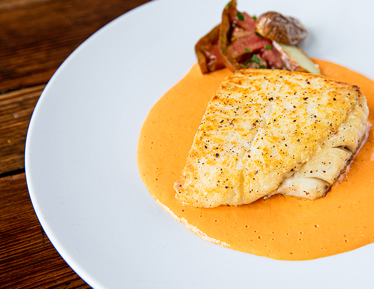 closeup of a seared fish filet over a red sauce