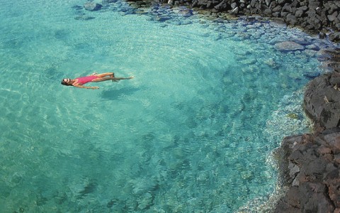 A woman swimming alone in a natural pool wearing a pink swimsuit 