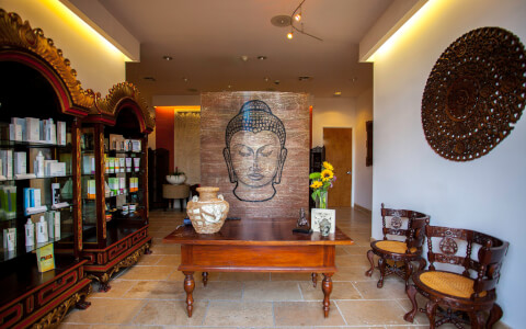 spa lobby with mural on wall