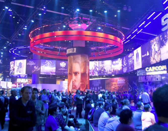 Indoor event with neon lights & screens