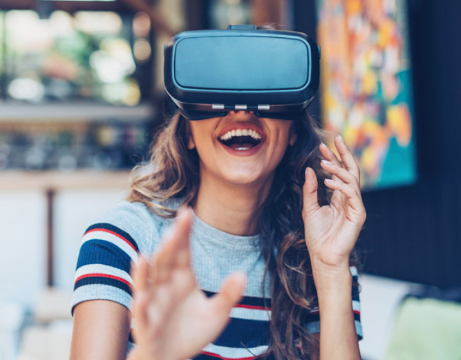 Woman wearing virtual reality goggles