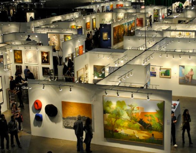 Aerial view of museum with artworks on walls