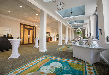 hotel lobby with green and blue carpeting