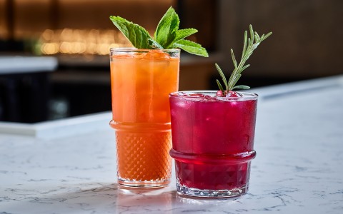 one orange cocktail with mint and another red cocktail with rosemary