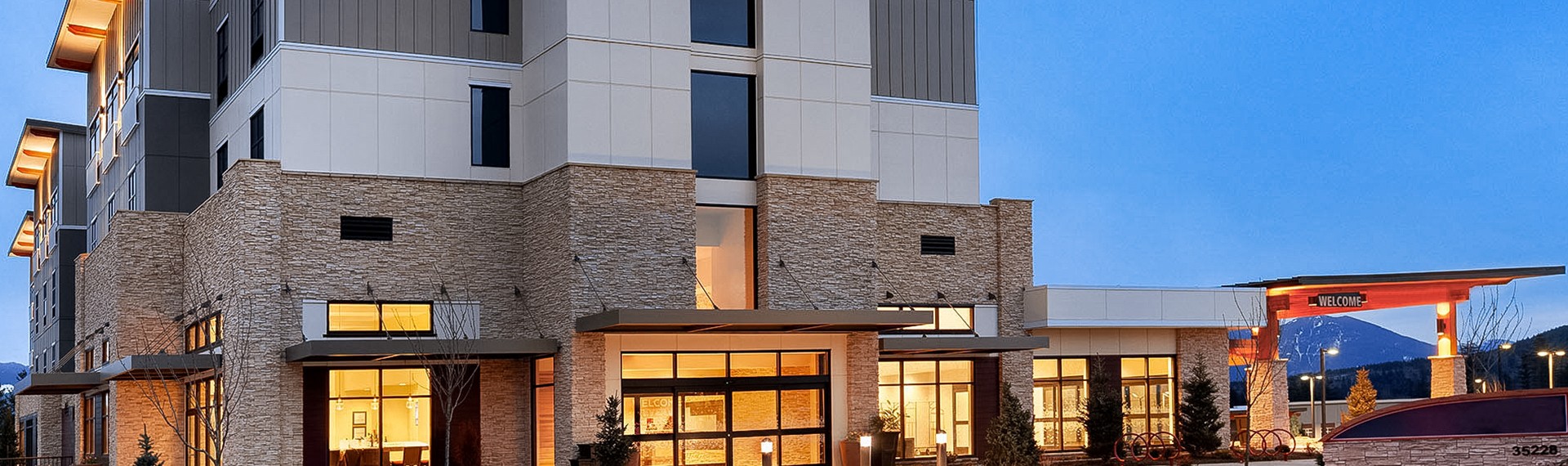 the exterior of the hotel at dusk