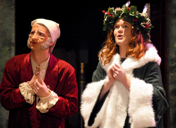 Scrooge and Ghost of Christmas Present in Stage Production of A Christmas Carol