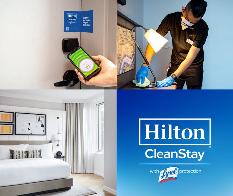 hilton cleanstay promise collage with person cleaning room