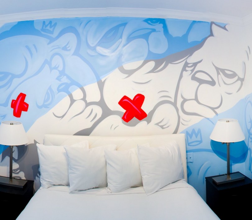 womans head with chicago above a guest bed