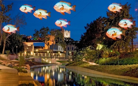 floating lanterns over the river the shape of fish