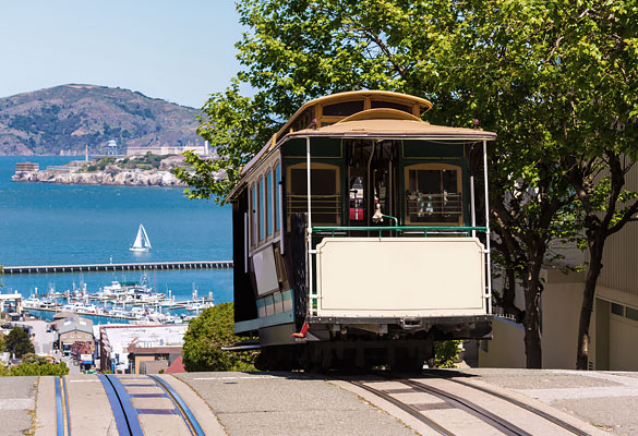 trolley on top of hill with ocean view
