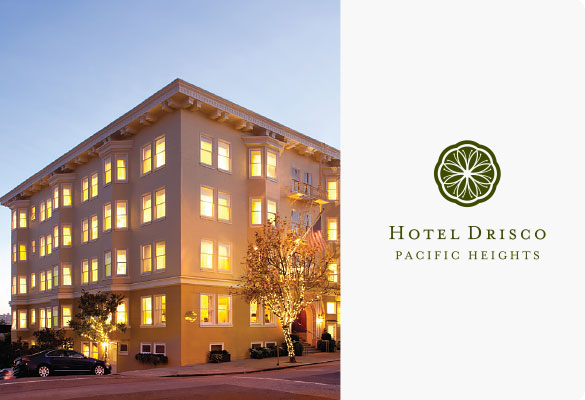 Street view of hotel during sunset and hotel logo