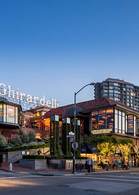 Ghirardelli chocolate factory building on street corner