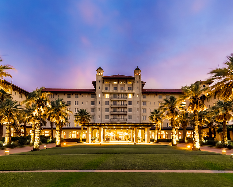 exterior of Hotel Galvez in the early morning hours