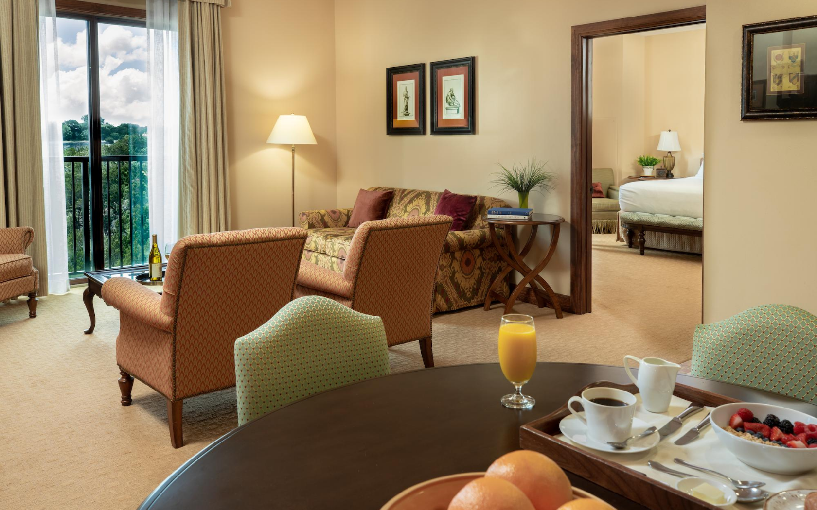 beautiful suite with breakfast on table
