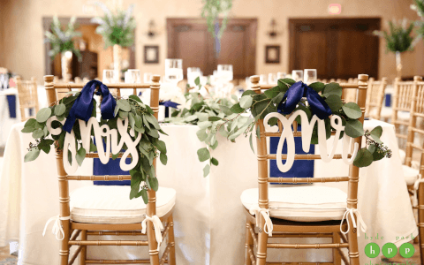 newlyweds signs on chairs at wedding