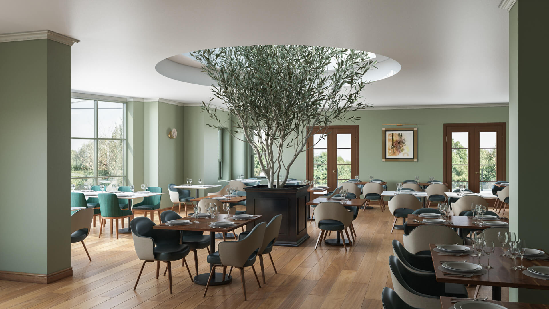 granduca dining room with tree in the center and beautiful ambiance