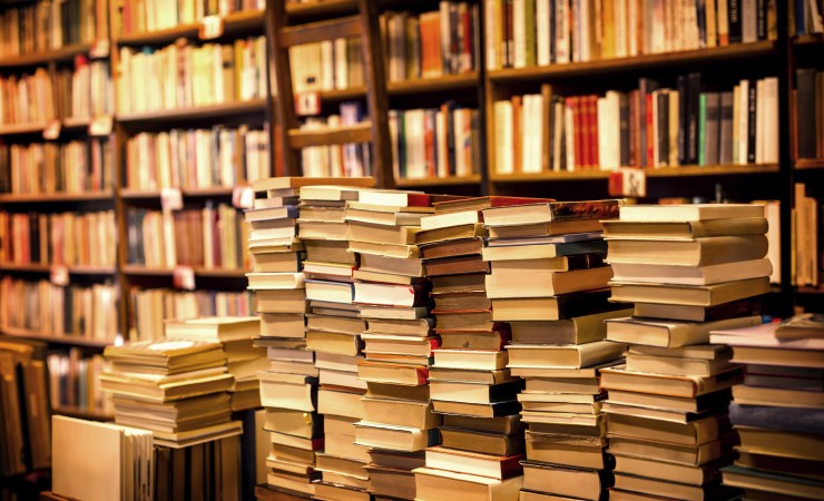 stacks of library books in front of a book shelf