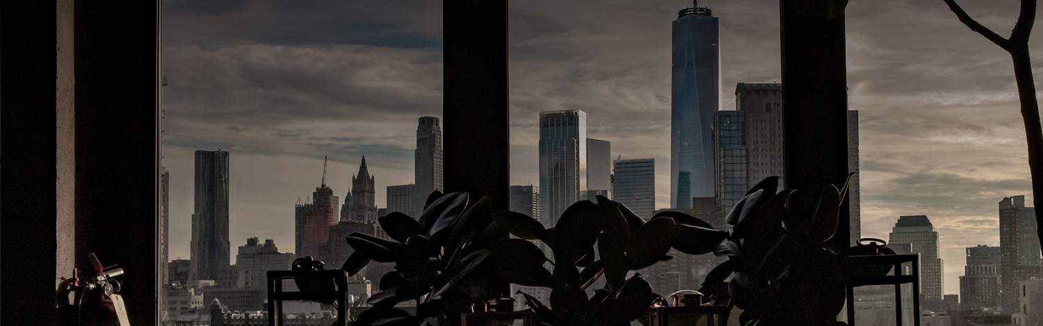 a view of downtown new york city seen from a rooftop window