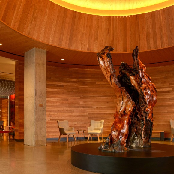 hotel lobby with round art piece