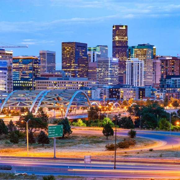 aerial view of downtown denver as sun is setting