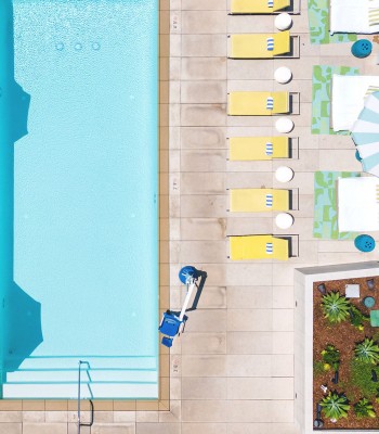 aerial shot of long rectangular pool and yellow pool lounge chairs lined up along the side. Pool cabanas can be seen on the far right edge with blue and white striped umbrellas