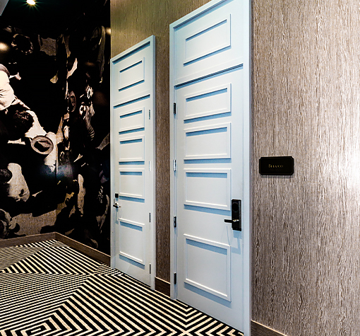 View of two white doors in a fancy hall